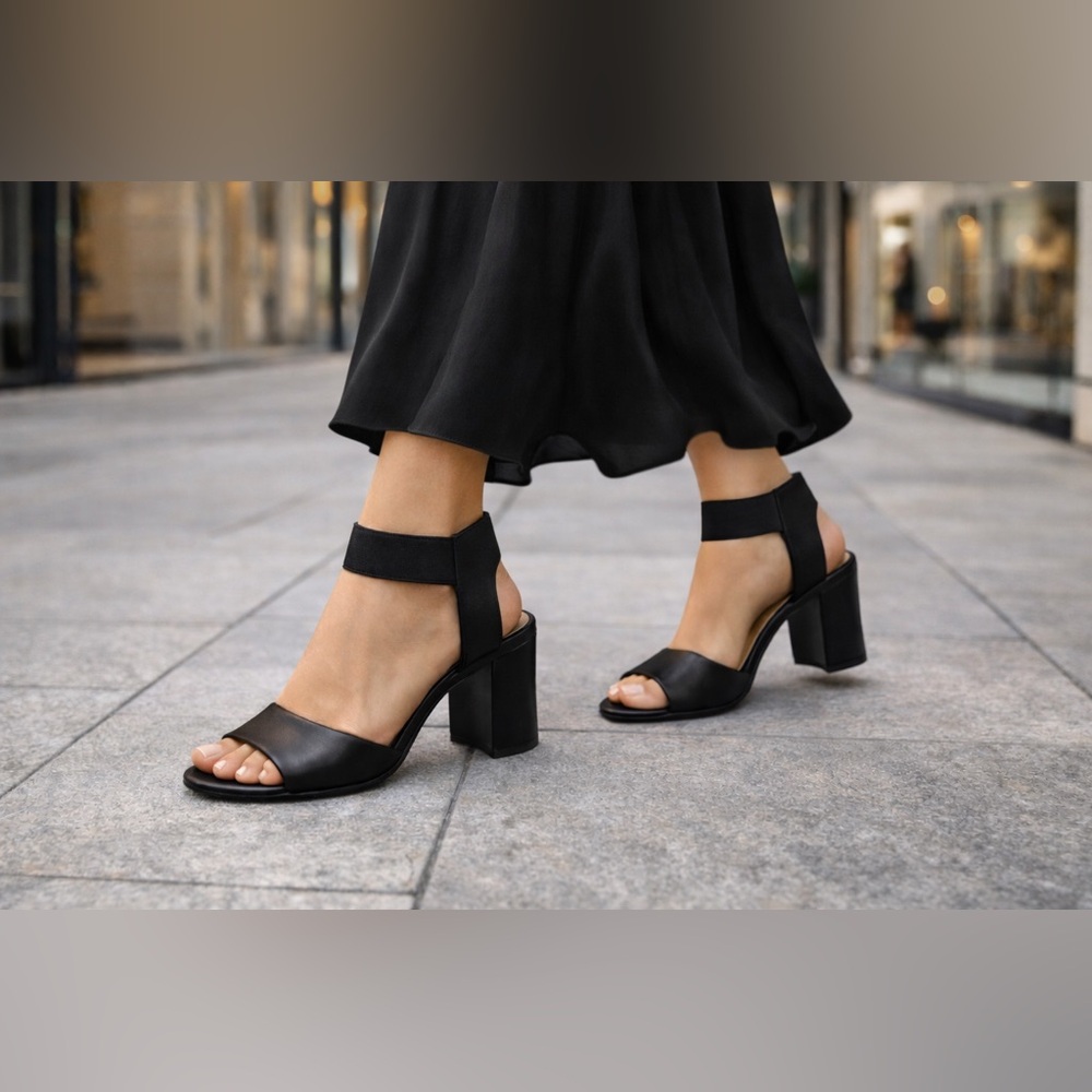 Diba True Black Leather Open Toe Ankle Strap Block Heel Sandals Women 7.5